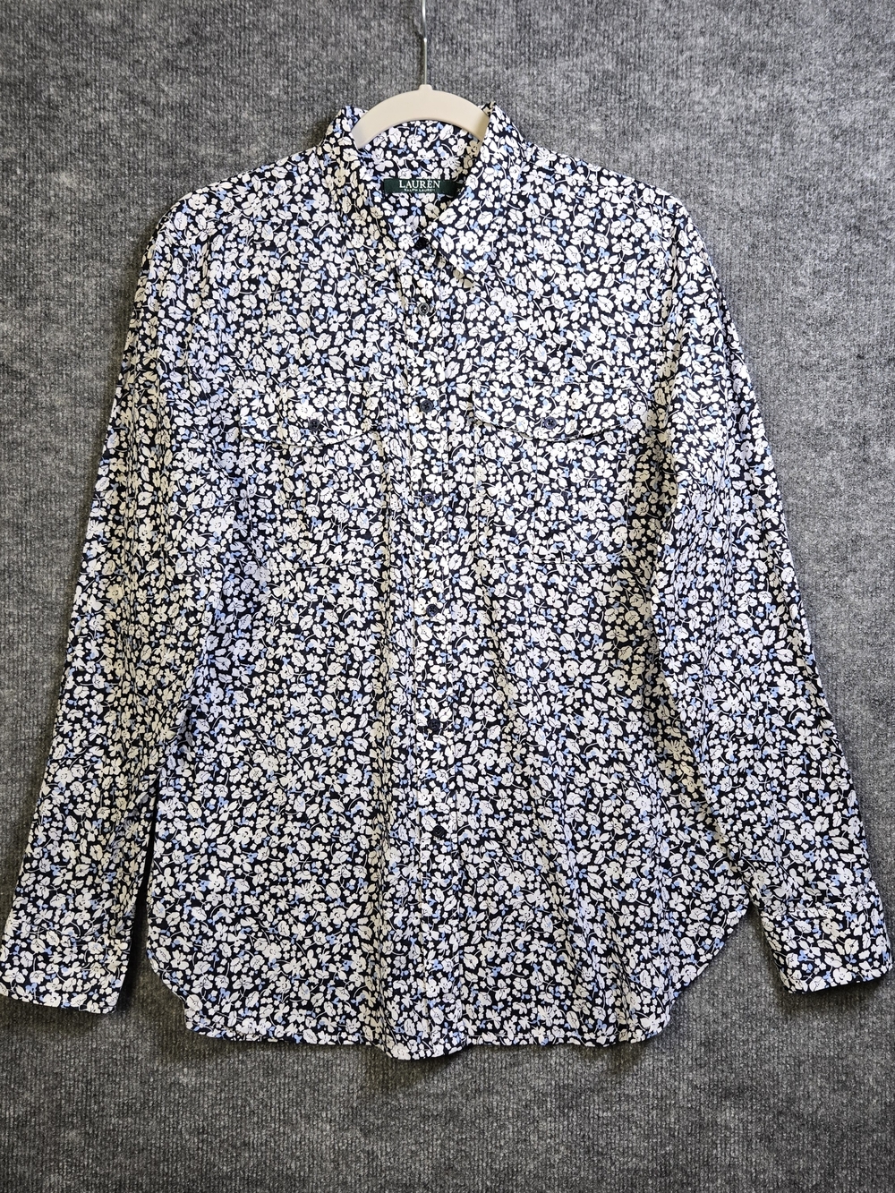 Lauren Ralph Lauren Shirt Women XL Blue White Botanical Floral Cotton Button Up